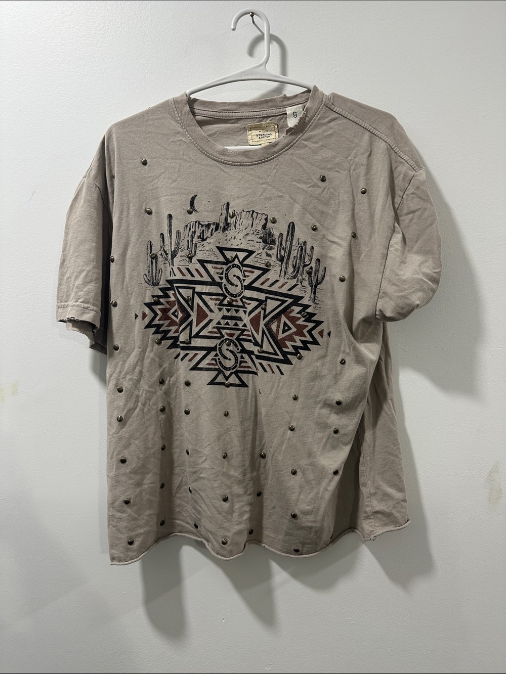 Taupe Graphic Studded T-Shirt - Desert Aztec Print